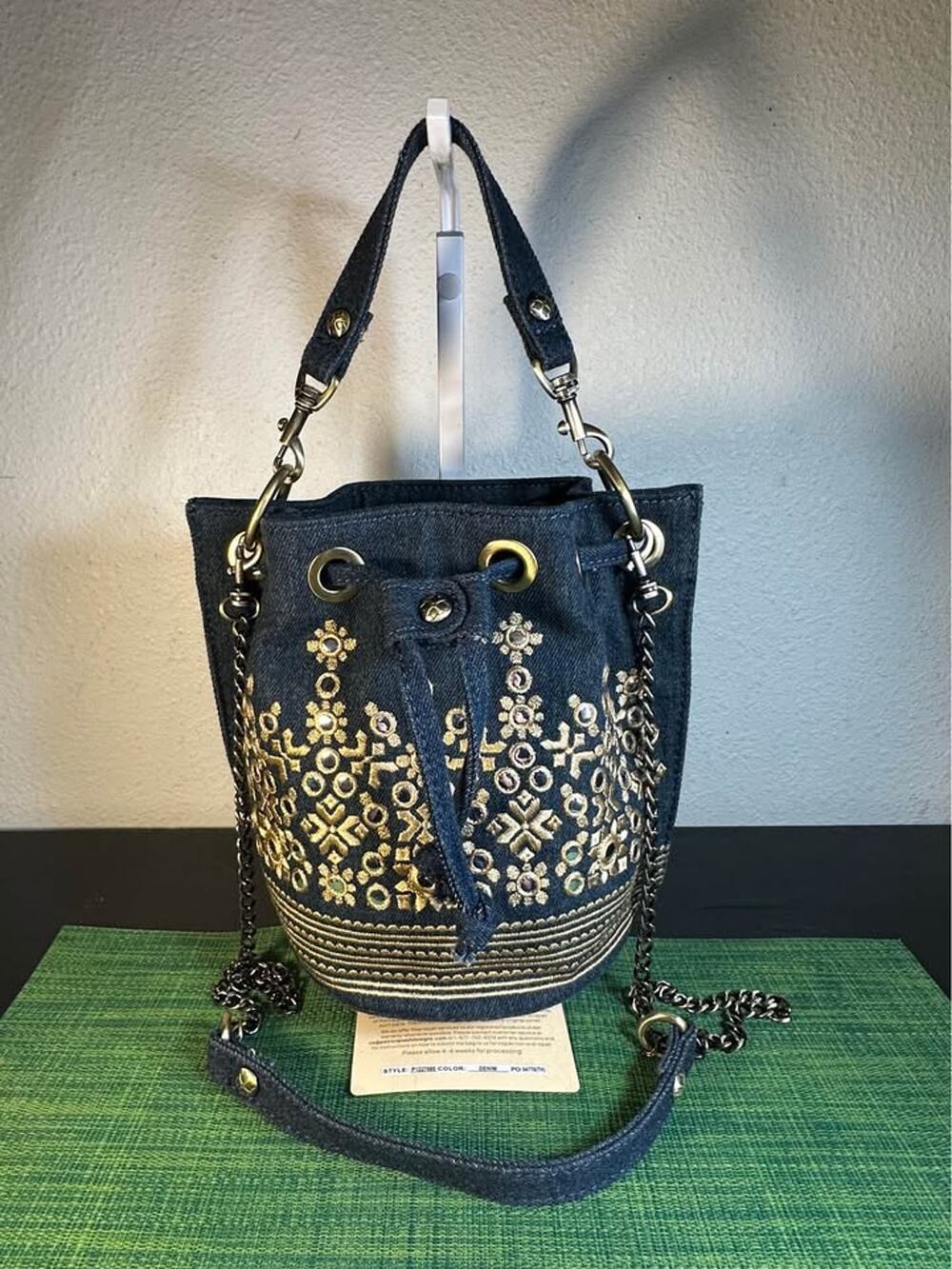 Patricia Nash Volania Denim Greek Embroidery Mirror Crossbody Bag NWOT